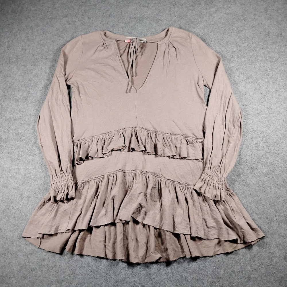 FP Beach Free People Mauve Tiered Ruffle V-Neck Tunic Top XS Smocked Cuffs